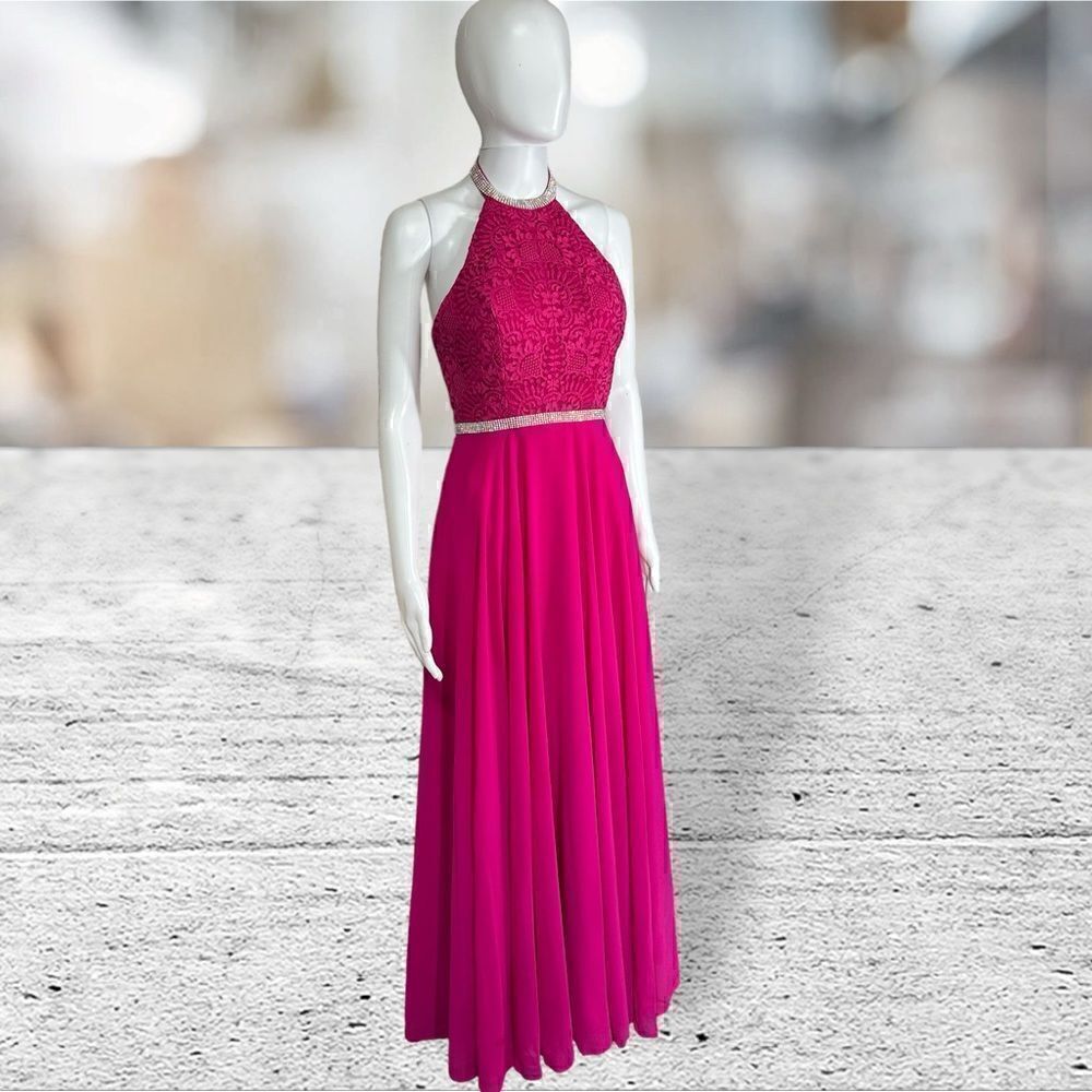 Madison James Hot Pink Fuchsia High‎ Neck Modest Prom Bridesmaid dress